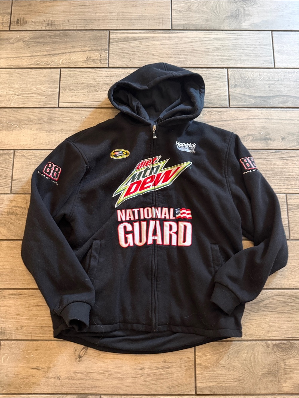Chase Authentics Black Hooded Racing Zip Jacket with Dew & National Guard Logos
